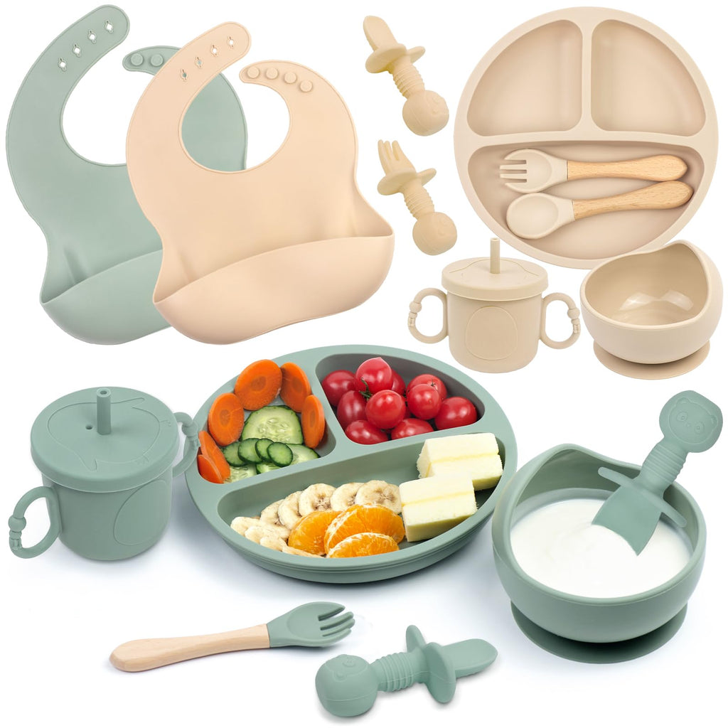 18-Piece Baby Led Weaning Feeding Set – Beige & Olive Green