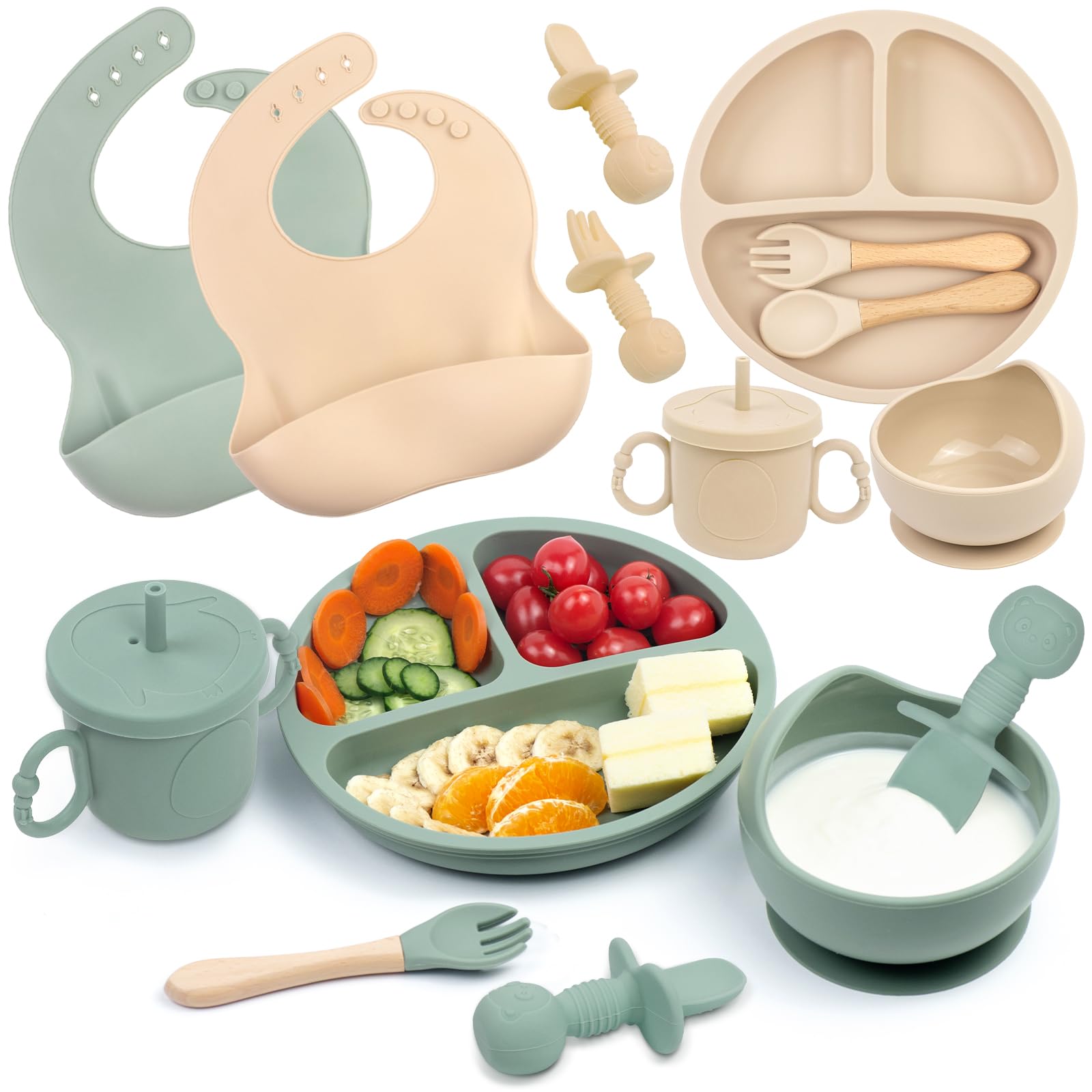 18-Piece Baby Led Weaning Feeding Set – Beige & Olive Green
